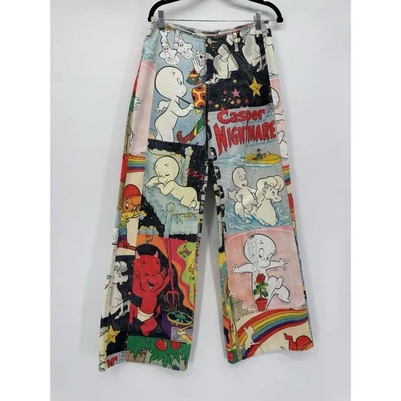 Dolls Kill x Hot Stuff Casper Patchwork Wide Leg Jeans Y2K Cartoon S 15in Rare - Picture 4 of 10